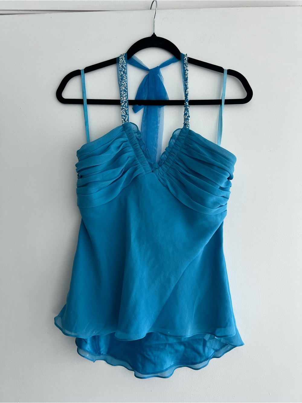 Bcbgmaxazria Blue Beaded Halter-Back Top